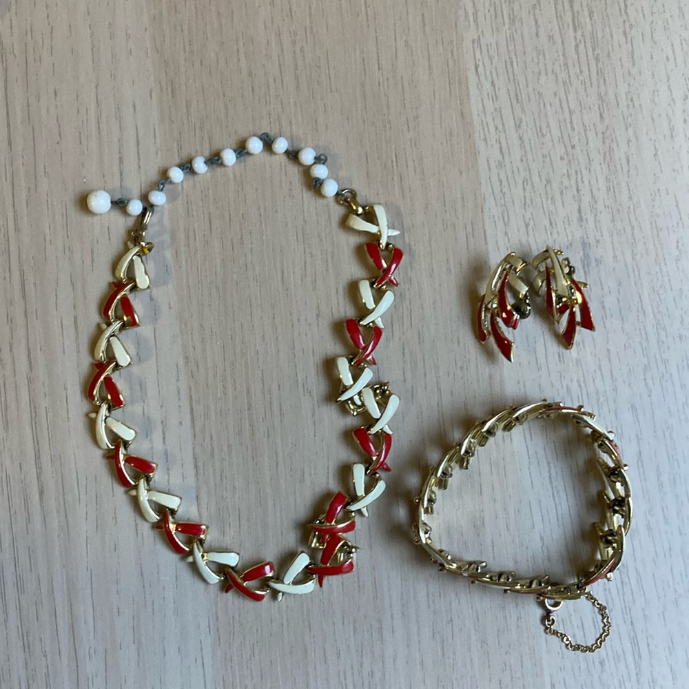 Vintage enamel necklace, bracelet and earrings set, red, cream, gold